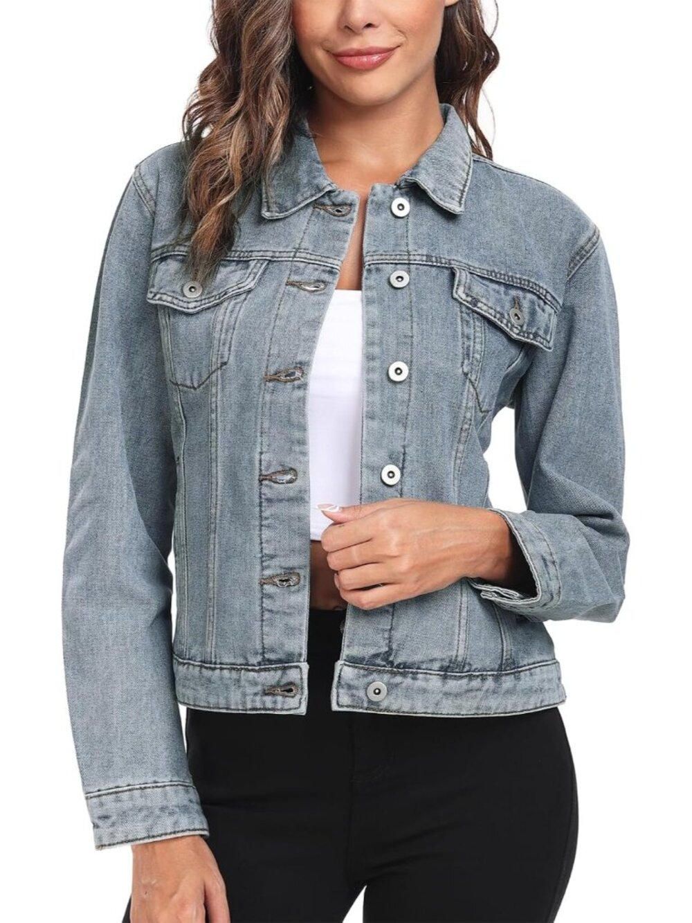 〽️Women's Grey Blue Denim Jacket Classic Button Up Long Sleeve Jean Coat